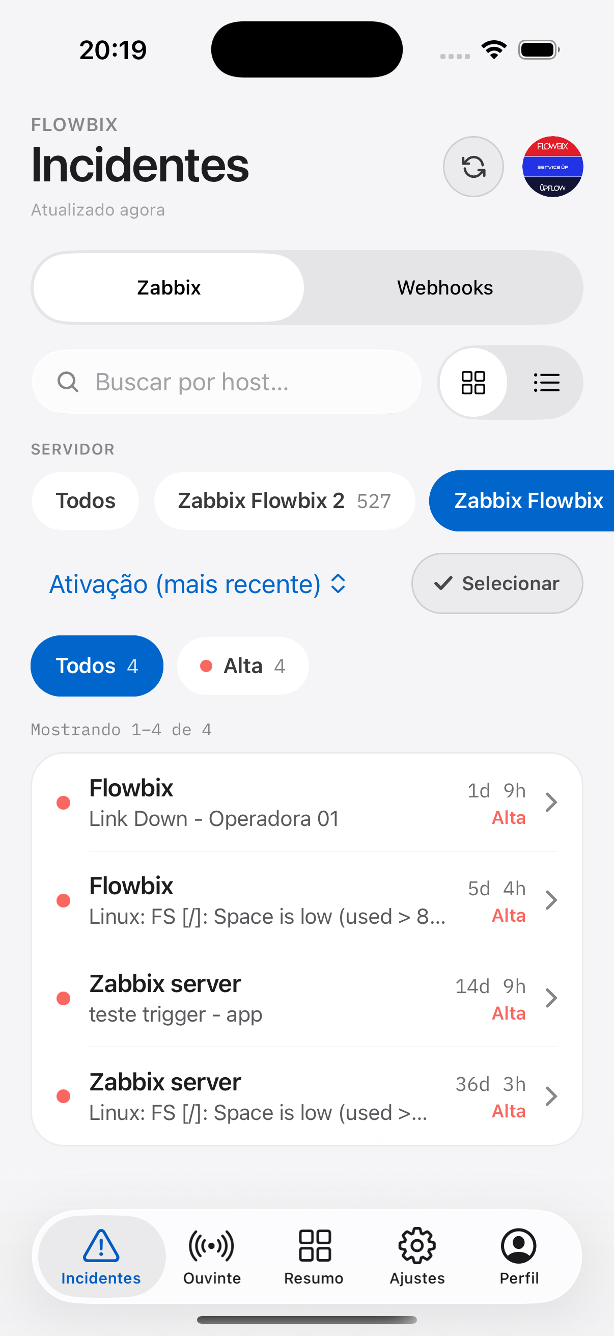 Aplicativo de Incidente Flowbix — tela de incidentes