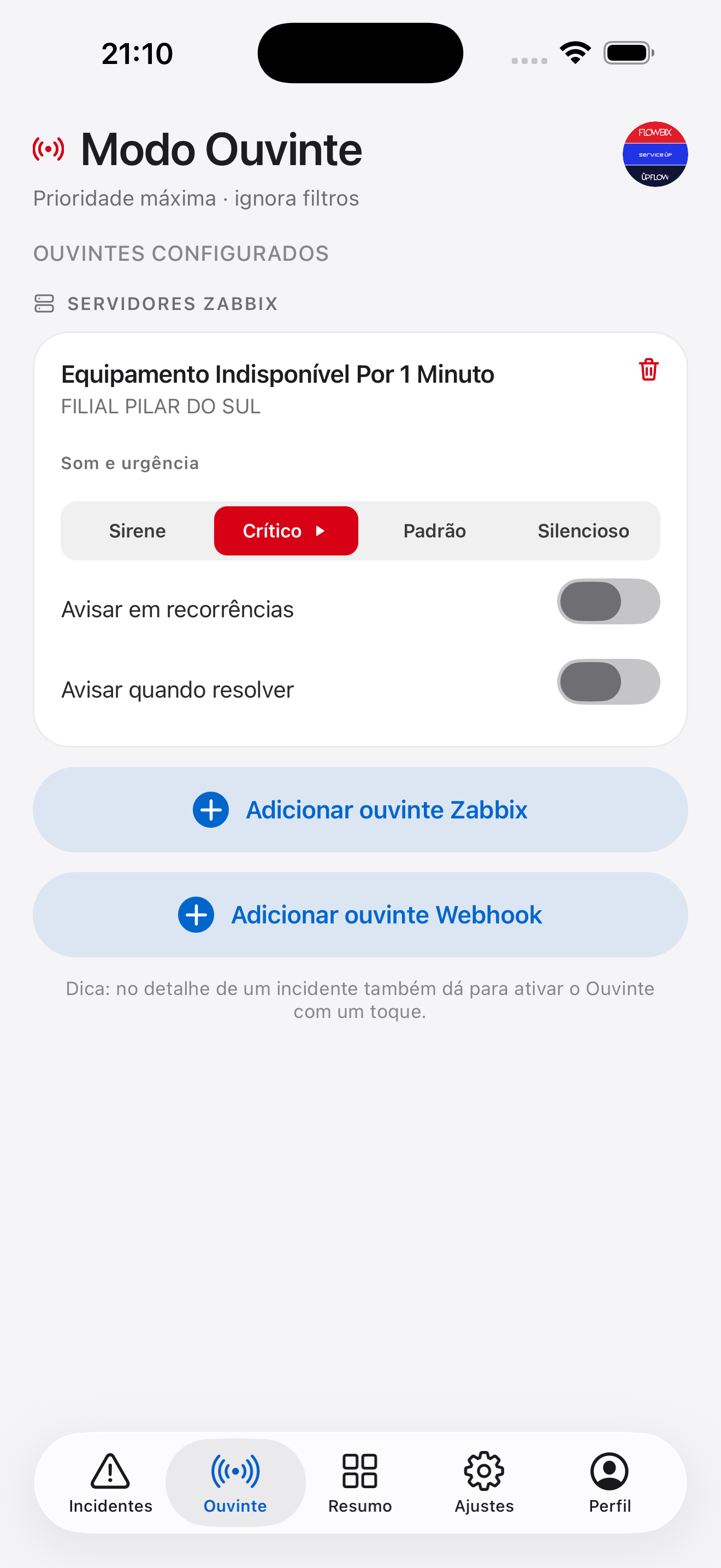 Tela do Modo Ouvinte