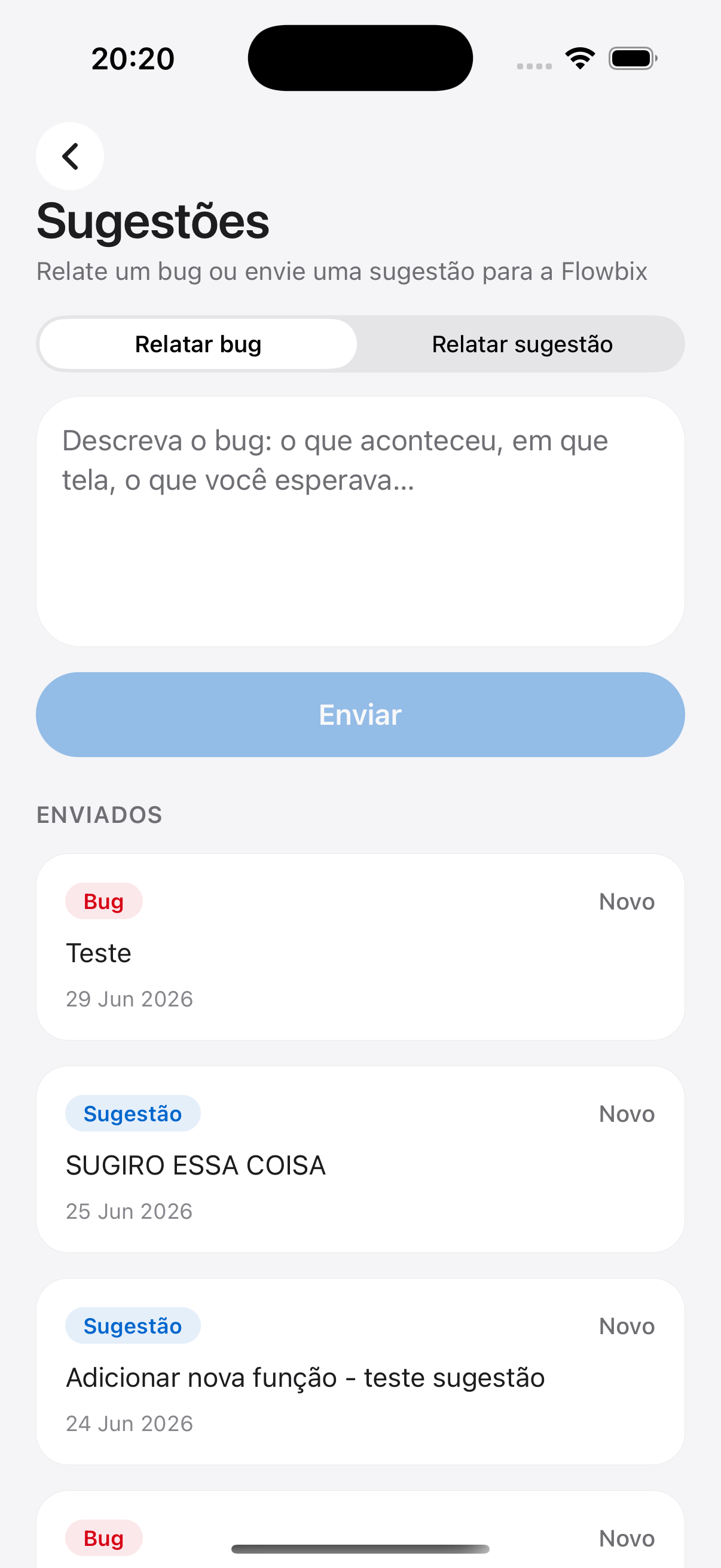 Tela de Sugestões