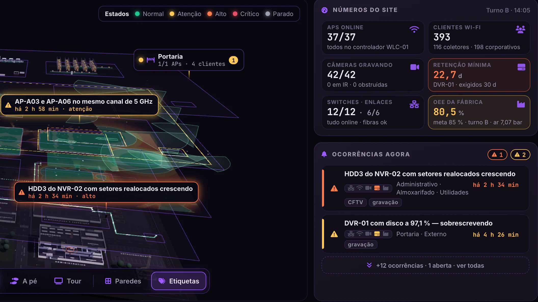 Planta Conectada · Planta geral em camadas · Números e ocorrências agora